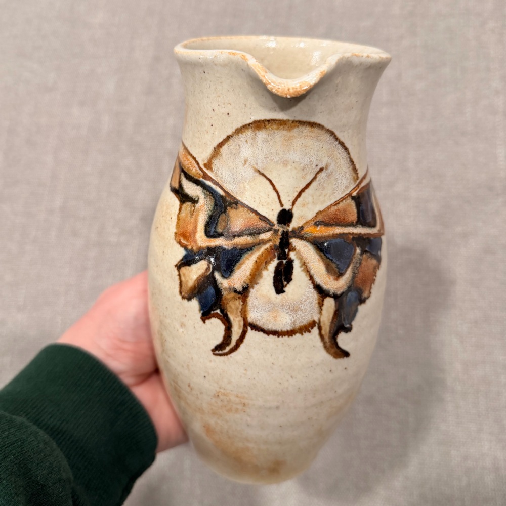 Hand Thrown Studio Pottery Pitcher Butterfly Motif Signed‎ Stoneware